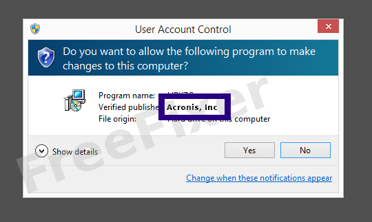 Screenshot where Acronis, Inc appears as the verified publisher in the UAC dialog